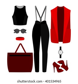 Set of trendy women's clothes with panties, vest, top and accessories. Vector illustration