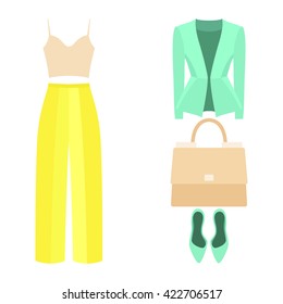 Set of trendy women's clothes with panties, jacket, top and accessories. Vector illustration