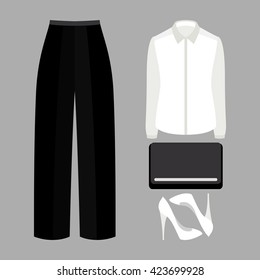 Set of trendy women's clothes with panties, blouse and accessories. Vector illustration