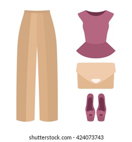 Set of trendy women's clothes with panties, blouse and accessories. Vector illustration