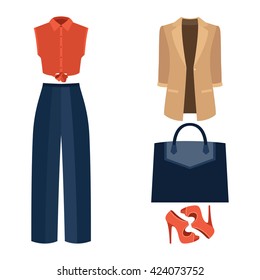 Set of trendy women's clothes with panties, jacket, shirt and accessories. Vector illustration
