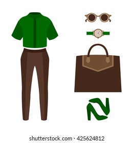 Set of trendy women's clothes with panties, blouse and accessories. Vector illustration
