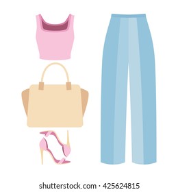 Set of trendy women's clothes with panties, top and accessories. Vector illustration