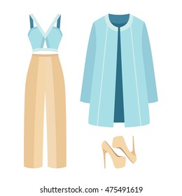 Set of trendy women's clothes with panties, coat, top and accessories. Vector illustration