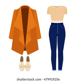 Set of trendy women's clothes with panties, coat, top and accessories. Vector illustration