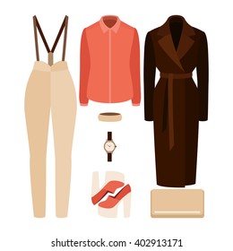 Set of trendy women's clothes with pants, coat, shirt and accessories. Vector illustration