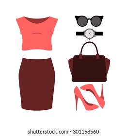 Set of trendy women's clothes with red skirt, top and accessories. Vector illustration