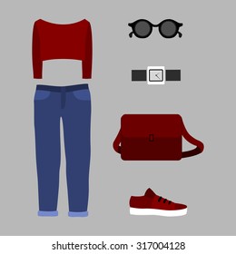 Set of trendy women's clothes with red pullover, jeans and accessories. Vector illustration