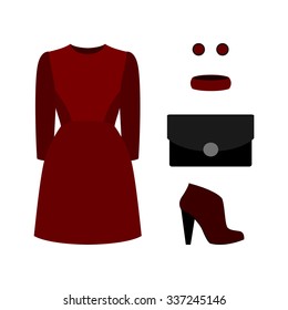 Set of  trendy women's clothes with red dress and accessories.Women's wardrobe. Vector illustration