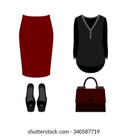 Set of  trendy women's clothes with red skirt, blouse and accessories.Women's wardrobe. Vector illustration