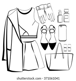 set of trendy women`s clothes. Women's skirt, coat and top with accessories in black and white style. Women`s wardrobe. Vector illustration