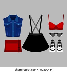 Set of trendy women's clothes with skirt, denim vest, bra and accessories. Vector illustration
