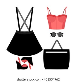 Set of trendy women's clothes with skirt, bustier top and accessories. Vector illustration