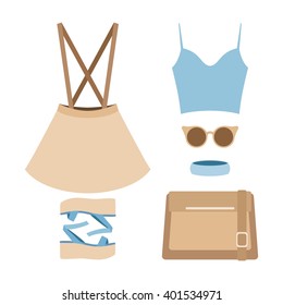 Set of trendy women's clothes with skirt, top and accessories. Vector illustration