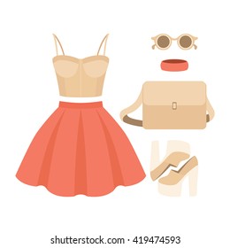Set of trendy women's clothes with skirt, bustiers top and accessories. Vector illustration