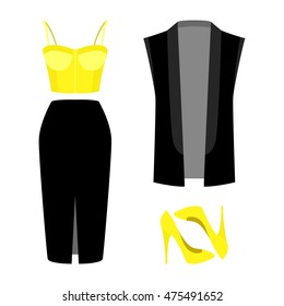 Set of trendy women's clothes with skirt, top, vest and accessories. Vector illustration