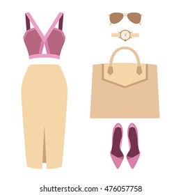 Set of trendy women's clothes with skirt, top and accessories. Vector illustration