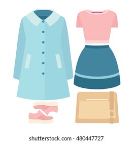 Set of trendy women's clothes with skirt, coat, top and accessories. Vector illustration