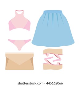 Set of trendy women's clothes with swimsuit, skirt and accessories. Vector illustration