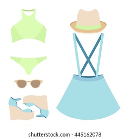 Set of trendy women's clothes with swimsuit, skirt and accessories. Vector illustration