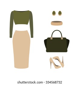 Set of  trendy women's clothes with top, skirt and accessories.Women's wardrobe. Vector illustration