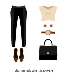 Set of  trendy women's clothes with trousers; blouse and accessories.Women's wardrobe. Vector illustration