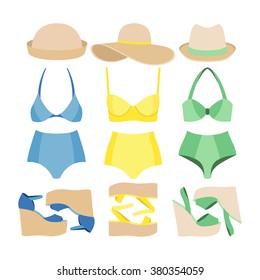 Set of trendy women's clothes. Woman swimsuits, hats and sandals. Women's wardrobe. Vector illustration