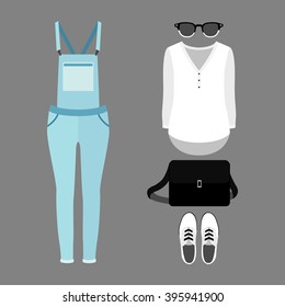 Set of trendy women's clothes with woman denim overall, shirt and accessories. Vector illustration