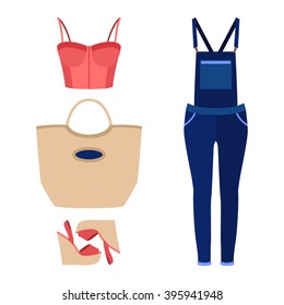 Set of trendy women's clothes with woman denim overall, bustier top and accessories. Vector illustration