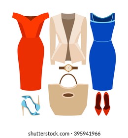 Set of trendy women's clothes with woman jacket, dress and accessories. Vector illustration