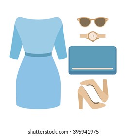 Set of trendy women's clothes with woman dress and accessories. Vector illustration