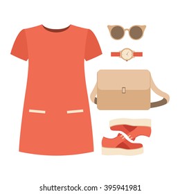 Set of trendy women's clothes with woman dress and accessories. Vector illustration