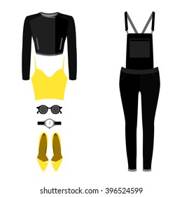 Set of trendy women's clothes with woman denim overall, jacket, top and accessories. Vector illustration
