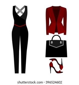 Set of trendy women's clothes with woman overall, jacket and accessories. Vector illustration