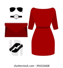Set of trendy women's clothes with woman dress and accessories. Vector illustration