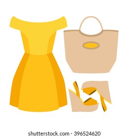 Set of trendy women's clothes with woman dress and accessories. Vector illustration