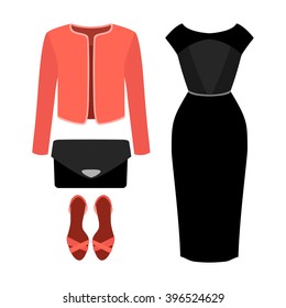 Set of trendy women's clothes with woman jacket, dress and accessories. Vector illustration