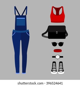 Set of trendy women's clothes with woman denim overall, top and accessories. Vector illustration