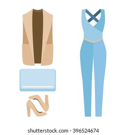 Set of trendy women's clothes with woman overall, vest and accessories. Vector illustration