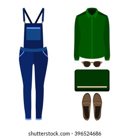 Set of trendy women's clothes with woman denim overall, shirt and accessories. Vector illustration