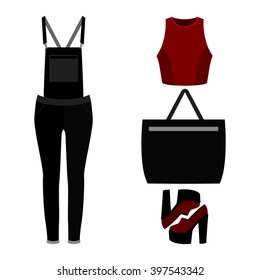 Set of trendy women's clothes with woman denim overall, top and accessories. Vector illustration