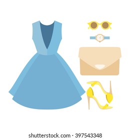 Set of trendy women's clothes with woman dress and accessories. Vector illustration
