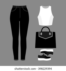 Set of trendy women's clothes with woman jeans, top and accessories. Vector illustration