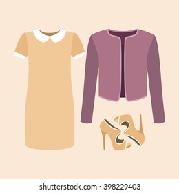 Set of trendy women's clothes with woman jacket, dress and accessories. Vector illustration