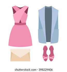 Set of trendy women's clothes with woman vest, dress and accessories. Vector illustration
