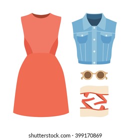 Set of trendy women's clothes with woman denim vest, dress and accessories. Vector illustration