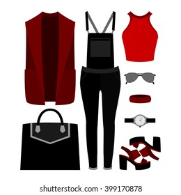 Set of trendy women's clothes with woman denim overall, vest, top and accessories. Vector illustration