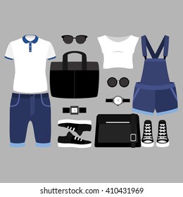 Set of trendy women's and men's clothes and accessories. Vector illustration