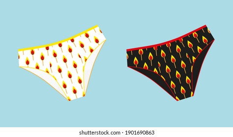 Set of trendy women's panties with a pattern of burning matches. Underwear isolated on a blue background. Flat cartoon colorful vector illustration. Perfect for a store, card, prints, design, stories.