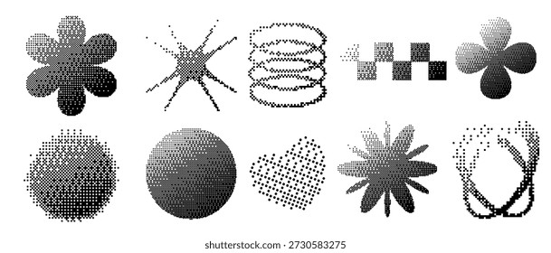 Set of trendy Y2K dithered pixel elements. Abstract bitmap shapes including heart, star, and geometric icons. Retro halftone effect for cyberpunk and techno designs. Creative monochrome vector
